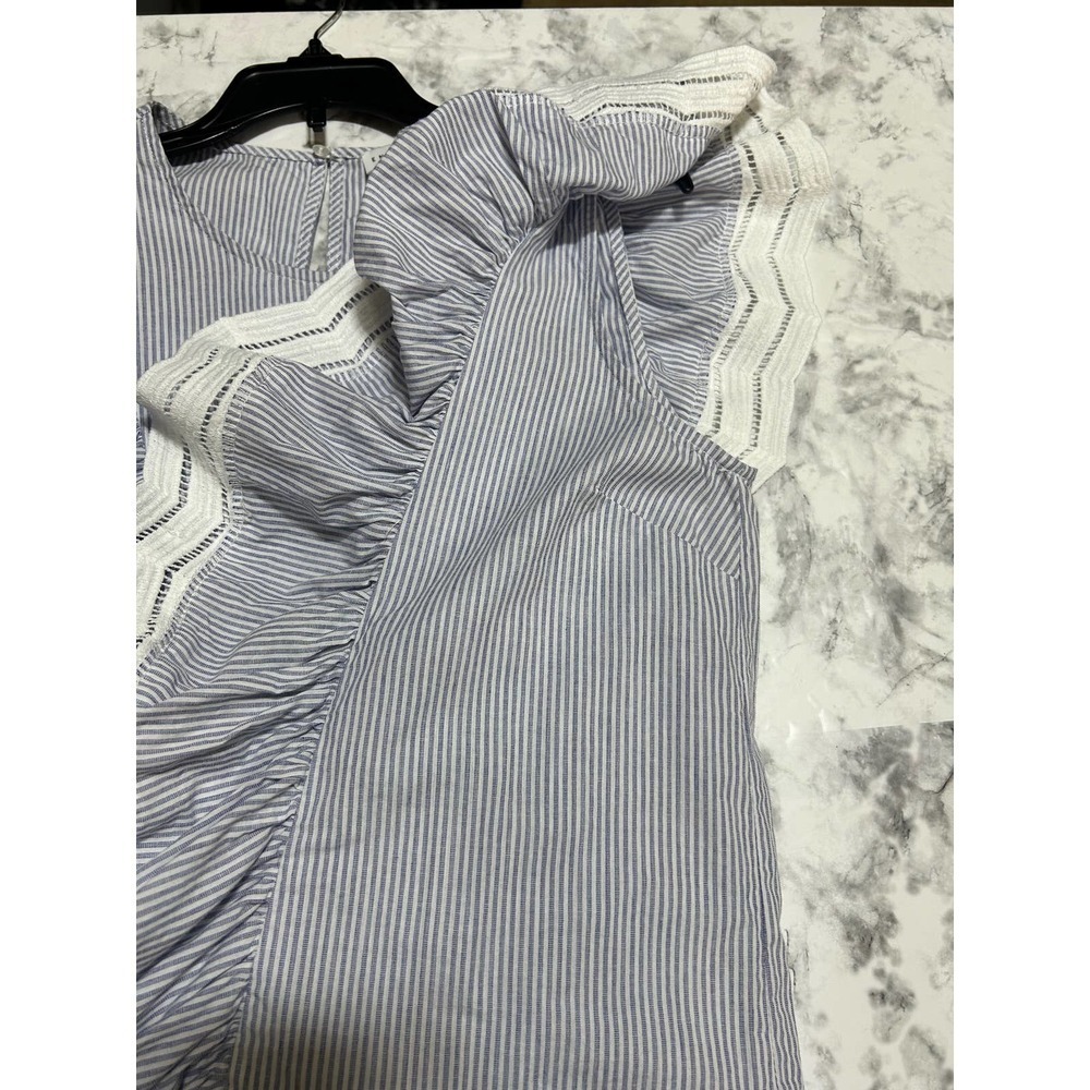 ENGLISH FACTORY Blue White Pinstripe Shirt M Ruffle Cap Top Boho Indie Festival - Picture 7 of 9